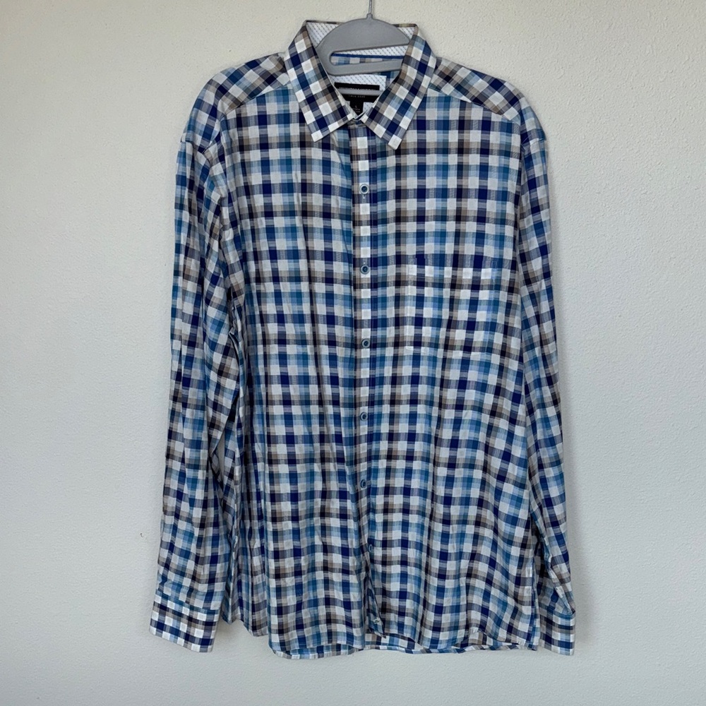 Johnston & Murphy Blue, White & Tan Checkered Shirt